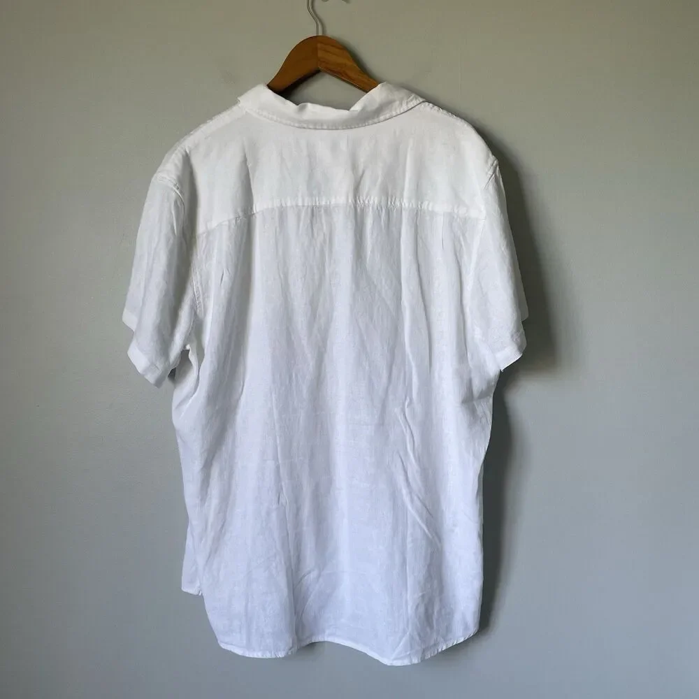 Vintage Summer Linen Blend Button Down Shirt Top Short Sleeves White Men's XL